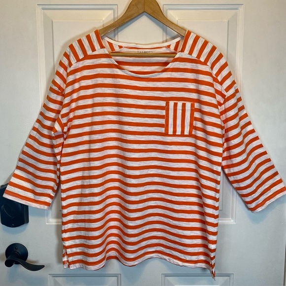 Tops - Talbots Orange & White Sz L Striped Cotton Top with pocket 3/4 Sleeves